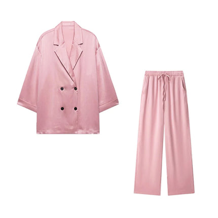 Women's Double-Breasted Loose Blazer Coat and High Elastic Waist Wide Leg Pants, Female Two Piece Sets, Fashion
