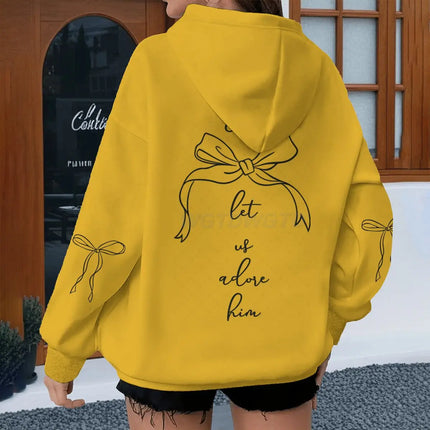 Coquette Bow Print Bible Verses Hoodies "Come Let Us Adore Him" Hoodie Fashion Women Vintage Fun Christian Jesus Hoody