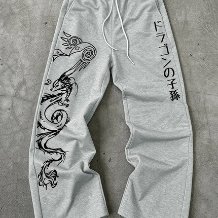 Men's Harajuku Tribal Dragon Vertical Japanese Text Print Wide Leg Sweatpants Drawstring Soft Asian Street Loose Trousers