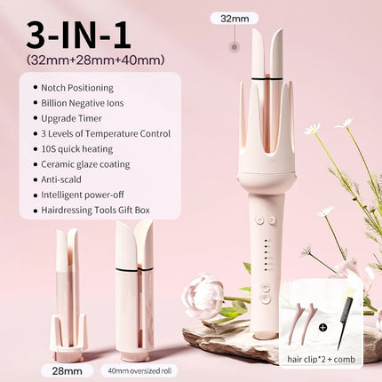 Automatic Curling Iron 3 in 1 Negative Ion Hair Curler Interchangeable Barrels Auto Rotation 3 Heat Settings Salon Styler