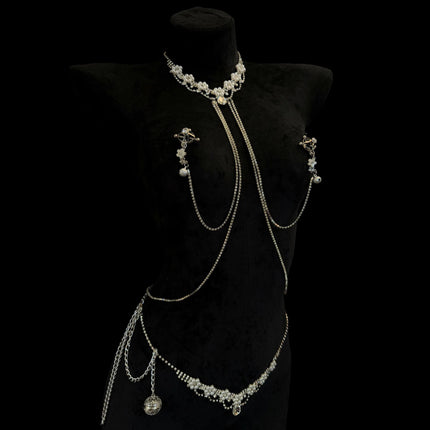 Erotic Pearl Nipple Clamps, Body Chain and Collar All-in-One SM Massage Nipple Body Decoration Adult Toy Breast Sex Toy nippel