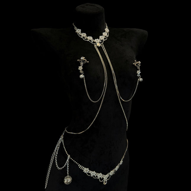 Erotic Pearl Nipple Clamps, Body Chain and Collar All-in-One SM Massage Nipple Body Decoration Adult Toy Breast Sex Toy nippel