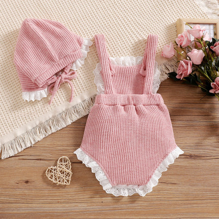 Cute Baby Girls Knitted Bodysuit Romper Sleeveless Lace Hem Crochet JumpsuitPlaysuit Hat Knitwear Clothes Set 2pcs