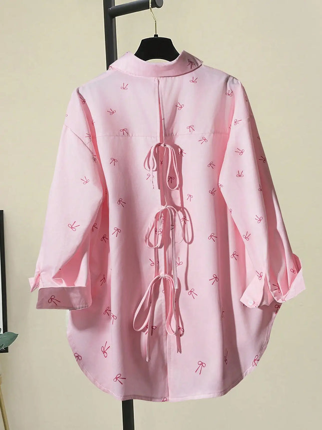 Plus Size Women's Casual and Elegant Workwear Style, Suitable for Afternoon Tea Parties, Vacations, and Beach Outings, Featuring a Bow Print Top, Simple Style, for Everyday Wear, Backless Shirt