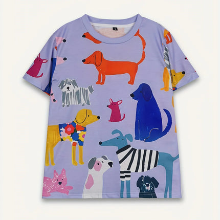 Women's Tee - Colorful Cartoon Dog Pattern Graphic, Playful Pet Print Design for Casual Daily Wear