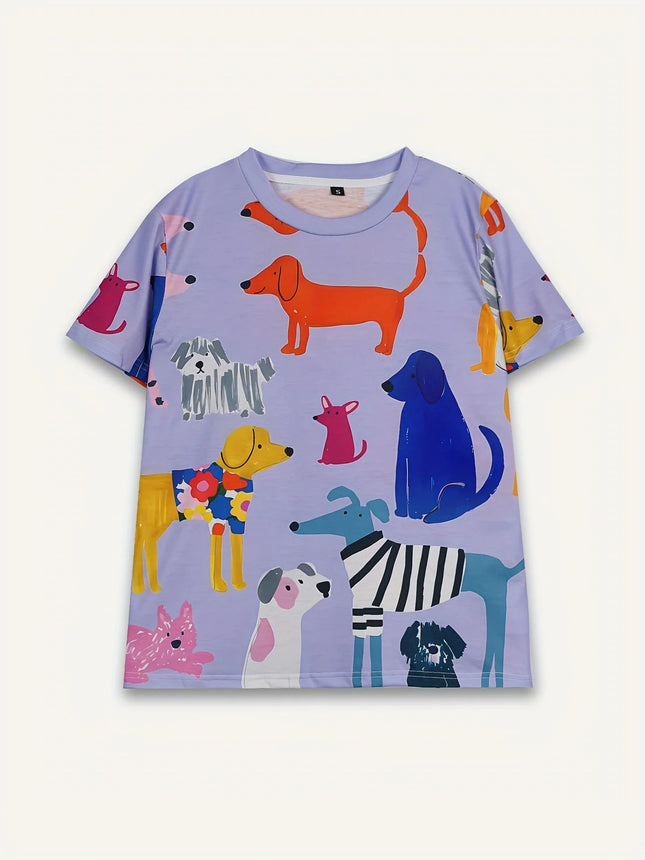 Women's Tee - Colorful Cartoon Dog Pattern Graphic, Playful Pet Print Design for Casual Daily Wear