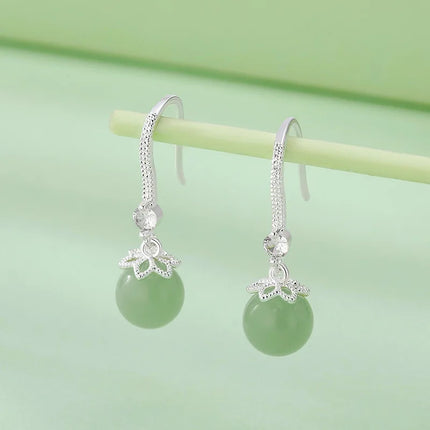 PANJBJ 925 Sterling Silver Jade Drop Earring for Women Zircon Round  Classic Grace Ethnic Jewelry Anniversary Gift Dropshipping