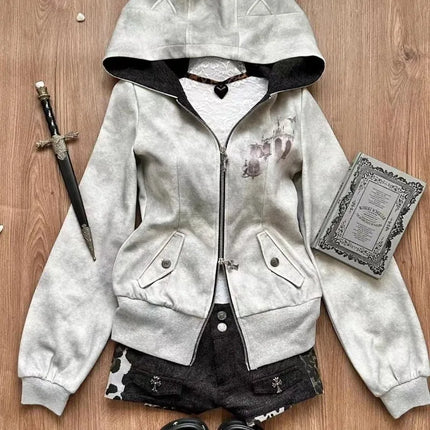 American Vintage Y2k Hottie Slimming Hoodies Autumn Winter New Gray Harajuku Print Hoodie Womens Subculture Zip-up Cardigan Coat