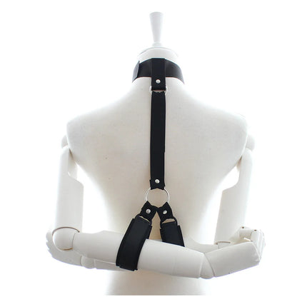 BDSM PU Leather Neck To Wrist Restraint Set Back Bind Bondage Harness Choker Collar with Handcuffs Slave Role Play Adult Sex Toy
