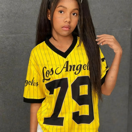 Girls Casual Sports Style Los Angeles NO.79 Print Short Sleeve V-Neck Women's Children Men's T-shirt Tops