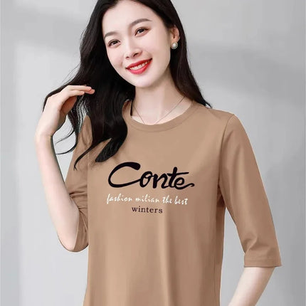 High-End Pure Cotton T-Shirt Women's Summer 3/4 Sleeve 2025 New Korean Style Fashionable Simple Slimming Top Body Shirt
