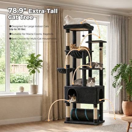 Tall Cat Tree with Large Condo Sisal Scratching Posts Oversized Perch Spacious Hammocks Multi-Level Cat Tower with Cat Tunnel Large Cat Furniture for Indoor Big Cats