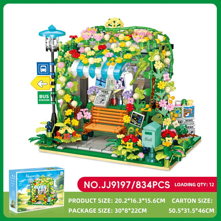City street scene series building blocks toys, DIY architectural model bus stop assembly toys, girls' holiday gifts.