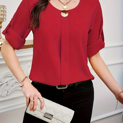 Women's plus size casual summer woven solid color shirt