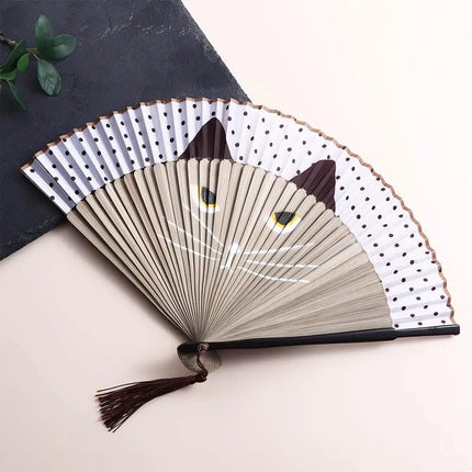 1 pcs Exiquisite Cat Patterns Summer Gift Cartoon Bamboo Wooden Folding Fan Fan Crafts Silk Fan Home Decoration
