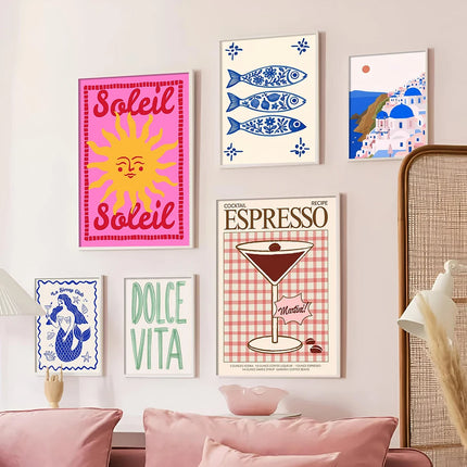 Dolce Vita Gallery Wall Set Mediterranean Preppy Coastal Prints Dopamine Decor Print Kitchen Bar Cart Art Canvas Painting