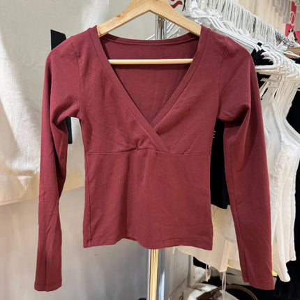 Burgundy Long Sleeve T-shirts Woman Autumn V-neck Cotton Slim Crop Top Casual Simple Solid All-match Basic Tshirts Y2k