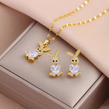 New 316L Stainless Steel Cute Zircon Rabbit Necklaces Earrings For Women Trendy Female Jewelry Set Girls Fashion Clavicle Chain