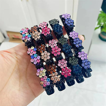 2023 New Fashion Sparkling Crystal Stone Braided Hair Clips 3 Flower Hair Accessory For Women Girls