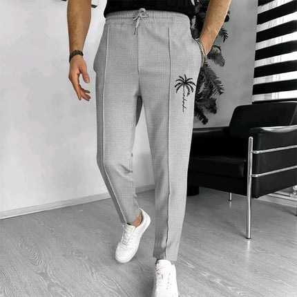 Men Waffle Knit Slim Fit Pants Drawstring Trousers With Pockets Stylish Design Spring Autumn Outdoor Travel Daily Street Wear