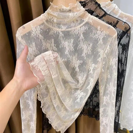 Sexy Black Hollow Out Mesh T-Shirt Transparent Mesh Female Tops Long Sleeve Basic Shirts SeeThrough Turtleneck Women Tshirts
