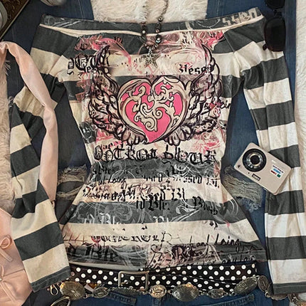 Women's Y2K Sweet 2000s Pink Angel Heart Print, Striped One-Shoulder Long-Sleeved T-Shirt, Suitable For Back-To-School Season,