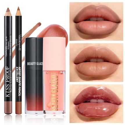 4Pcs/Set Velvet Lip Combo Set Matte Lip Liner Lipstick Lip Oil Nude Lip Gloss Long-lasting Waterproof Lip Look Lip Makeup