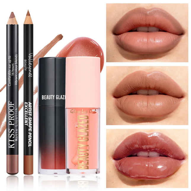 4Pcs/Set Velvet Lip Combo Set Matte Lip Liner Lipstick Lip Oil Nude Lip Gloss Long-lasting Waterproof Lip Look Lip Makeup