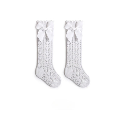 Summer Baby Girls Socks Toddler Bow Long Sock Kids Knee High Soft Cotton Mesh Stocking Spanish Style Hollow Out Lace Socks 0-3Y