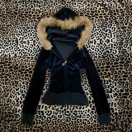 Pink leopard print hooded zipper long-sleeve sweatshirt for spring and autumn comfortable slim fit fashionable street wear 2000s