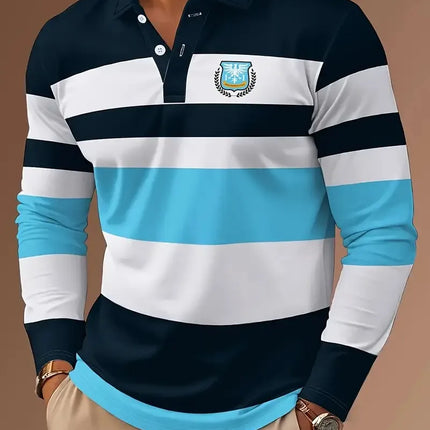 The new men's long-sleeved POLO shirt for Spring and Autumn 2025 is casual fashionable and comfortable with 3D striped printing