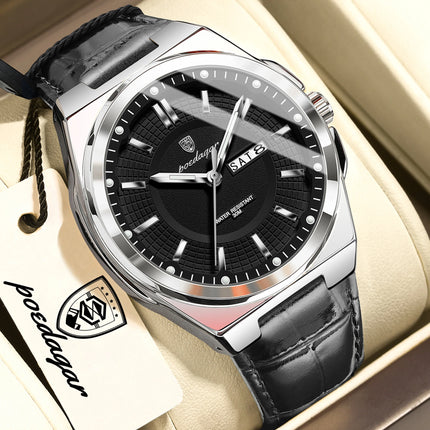 POEDAGAR Trendy Sport Men's Wristwatch Waterproof Luminous Date Week Business Fashion Men's Quartz Watches Leather Men's Watch Reloj