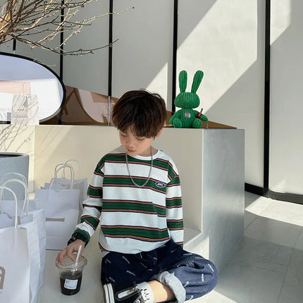 2025 Autumn Children's Clothes Girls Long-Sleeved Base Shirts Cool Boys Striped Cotton T-Shirt Teen Loose Casual 2-7Y Kids Top