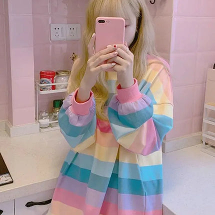 Women's Rainbow Striped Long-Sleeve Hoodless Jacket Harajuku Style Korean Version Loose Thin Shirt for Female Students