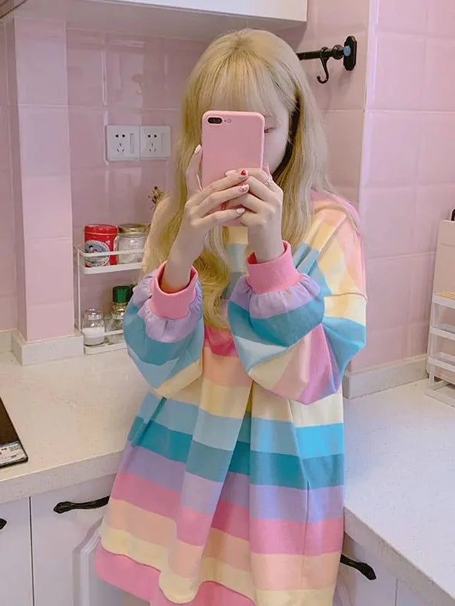 Women's Rainbow Striped Long-Sleeve Hoodless Jacket Harajuku Style Korean Version Loose Thin Shirt for Female Students