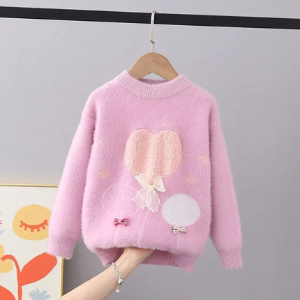 Chic New Autumn Winter Thick Pullover Sweaters Girls Knit Lace Butterfly-knot Sweaters Children Clothing Girls Sweater FY11292