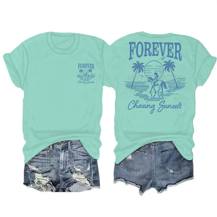 Forever Chasing Sunsets Retro Tshirts Ocean Beach Short Sleeve T-shirts Men Women Fashion Vintage Summer Vibes Casual Streetwear