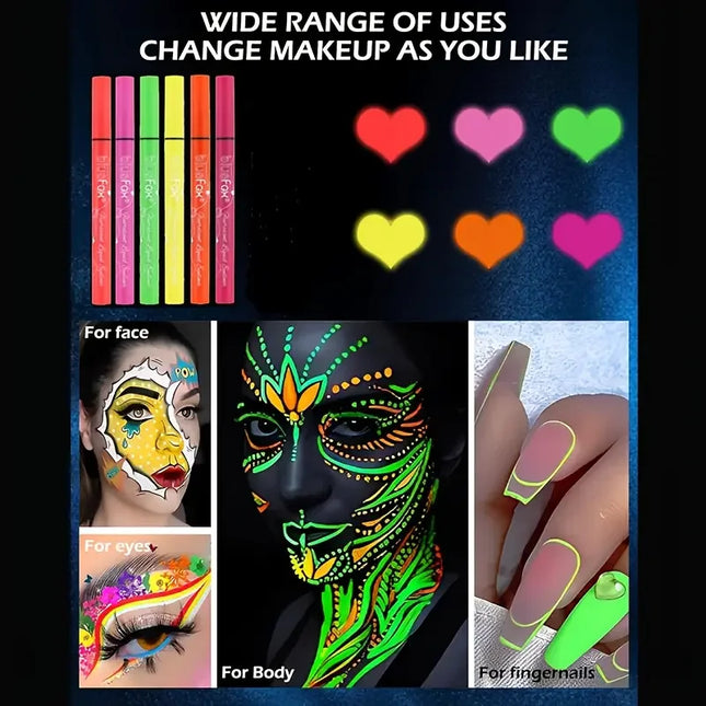 6pcs Glow in the Dark Face,Body Paint Set,Shimmer Liquid Eyeliner, Neon Fluorescent Makeup Sticks for Halloween,Music Festivals