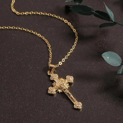 Religion Jesus Cross Pendant Necklace For Women Men Shiny Rhinestone Gold Color Chain Simple Design Hip Hop Party Jewelry