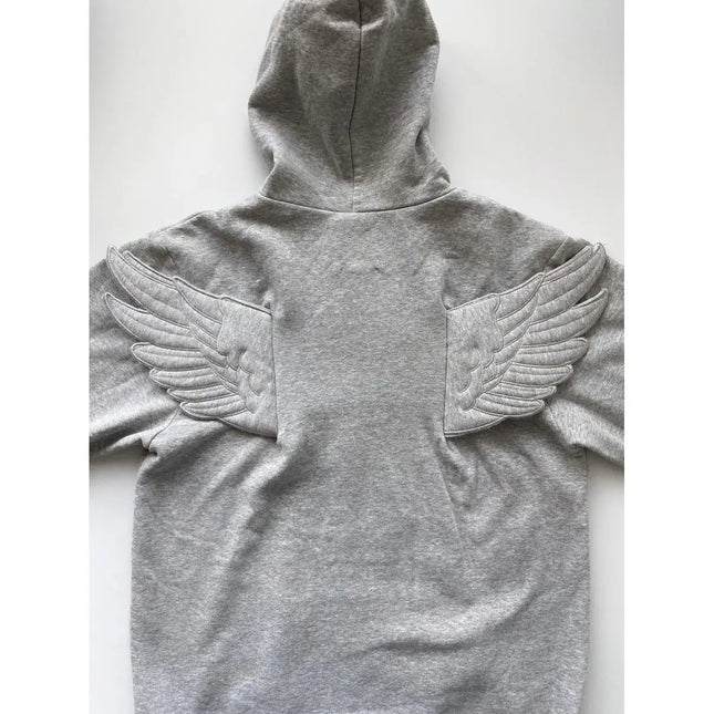 Women Grey Angel Wing Embroidered Hoodie Cute Kawaii Pullover Sweatshirt Wing Decoration Back Y2K Street Harajuku Loose Pullover