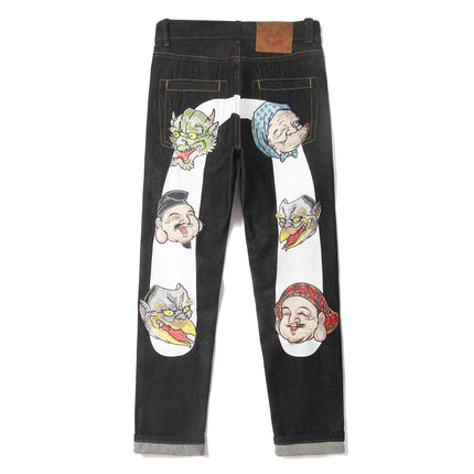 Japanese Handmade Embroidered Jeans Men's Pure Cotton Straight Tube Hip-Hop Popular Slim Red Ears Show Thin Trousers Devil Big M