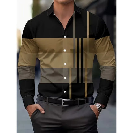 Men's Long Sleeve Geometric Line Print Dress Shirt Slim Fit Formal Casual Button Down Business Top Camisa Masculina De Negócios