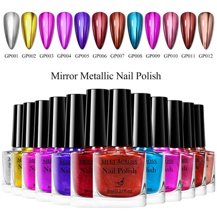 MEET ACROSS 8ml Glass Bottle Metallic Nail Polish Super Silver Gold Mirror Effect Nail Art Polish DIY Manicure Without Lamp