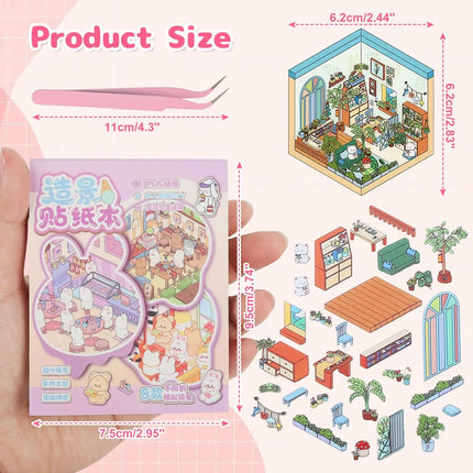 Pocket DIY 3D Sticker Scene Collection Book DIY 3D House Stickers Therapy Cute Cartoon Mini Stickers Scenes for Relief Stress