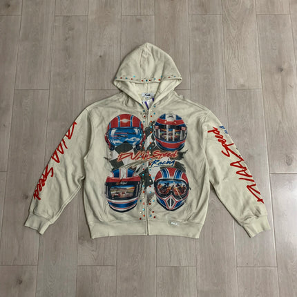 Streetwear Shinning Diamond Zipper Terry Hooded Hoodie for Men Oversized Contrast Color Cardigan Rhinestone Sweatshirt Jacket