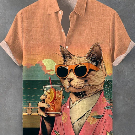 Summer Men's Retro Cartoon Anime Cat Theme Short Sleeve Shirt Short Sleeve Tops Fashion Casual Vacation Streetwear Men's Shirt