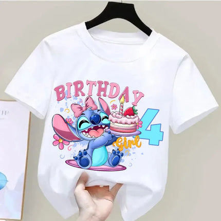 Lilo & Stitch Birthday Tee Kids 1st to 9th Year Cartoon Print Round Neck Cotton Shirt Unisex Toddler Party Outfit