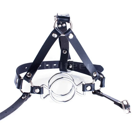 Adult Double O-Rings Stainless Steel Open Mouth Ring Gag Head Hood Harness Strap BDSM Restraint Bondage Sex Toys for Woman Man