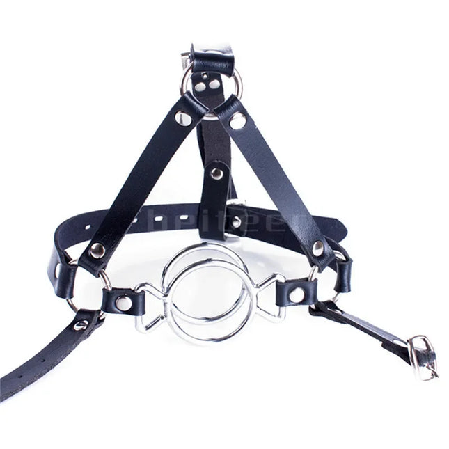 Adult Double O-Rings Stainless Steel Open Mouth Ring Gag Head Hood Harness Strap BDSM Restraint Bondage Sex Toys for Woman Man