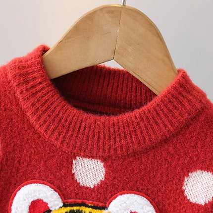 Chinese Style Element New Year Red Sweaters for Kids Girl Princess Festive Children Knitting Outertwear Flocking Clothes IY12192